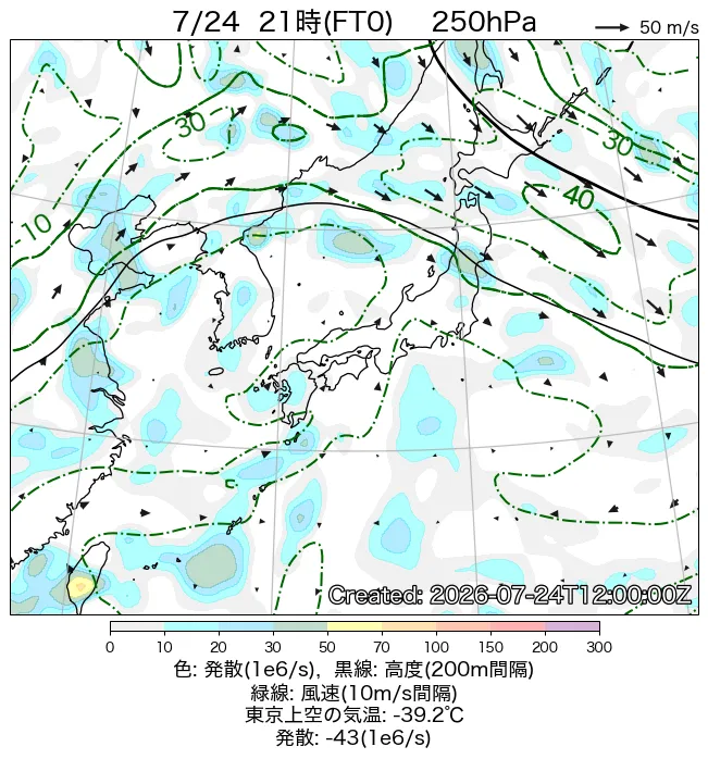 2026年7月24日の日本周辺の250hPa天気図（21時）