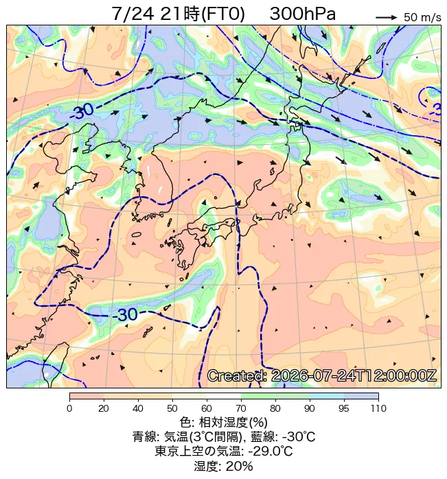 2026年7月24日の日本周辺の300hPa天気図（21時）