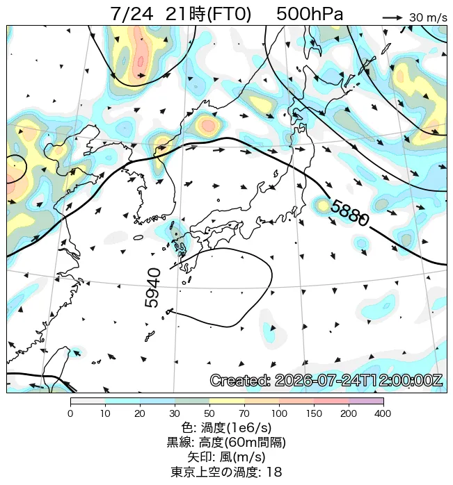 2026年7月24日の日本周辺の500hPa天気図（21時）