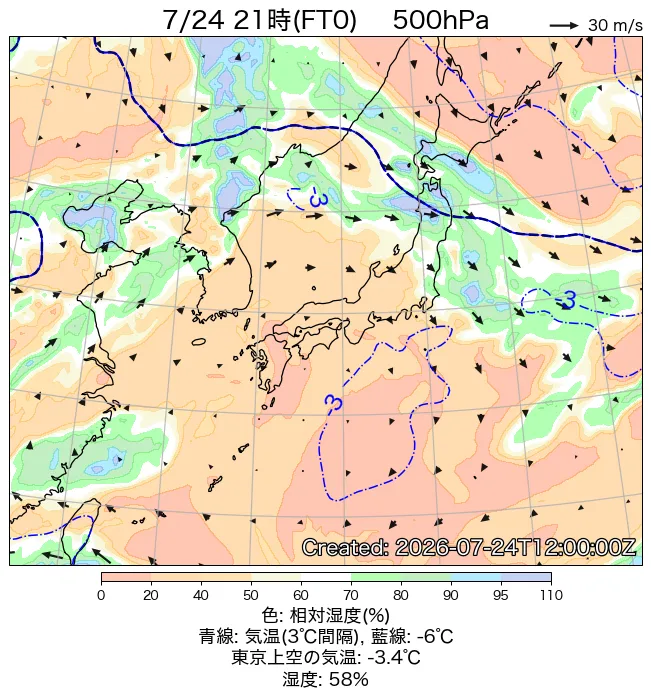 2026年7月24日の日本周辺の500hPa天気図（21時）