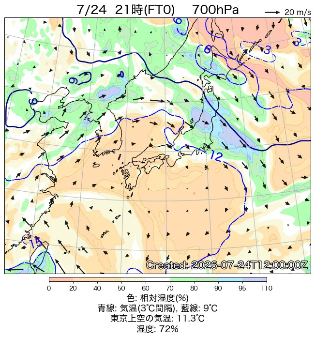 2026年7月24日の日本周辺の700hPa天気図（21時）