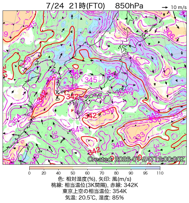 2026年7月24日の日本周辺の850hPa天気図（21時）