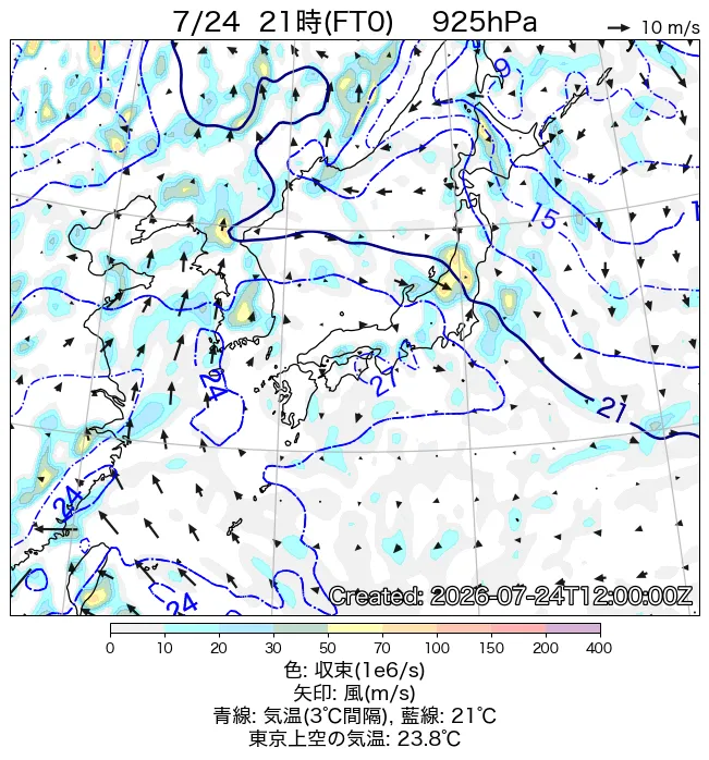2026年7月24日の日本周辺の925hPa天気図（21時）