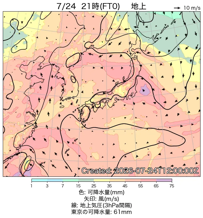 2026年7月24日の日本周辺の地上天気図（21時）