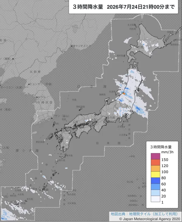 2026年7月24日18〜21時の日本周辺の3時間解析降水量
