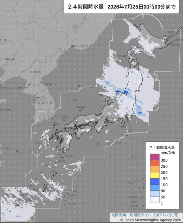 2026年7月24日の日本周辺の日解析雨量の図