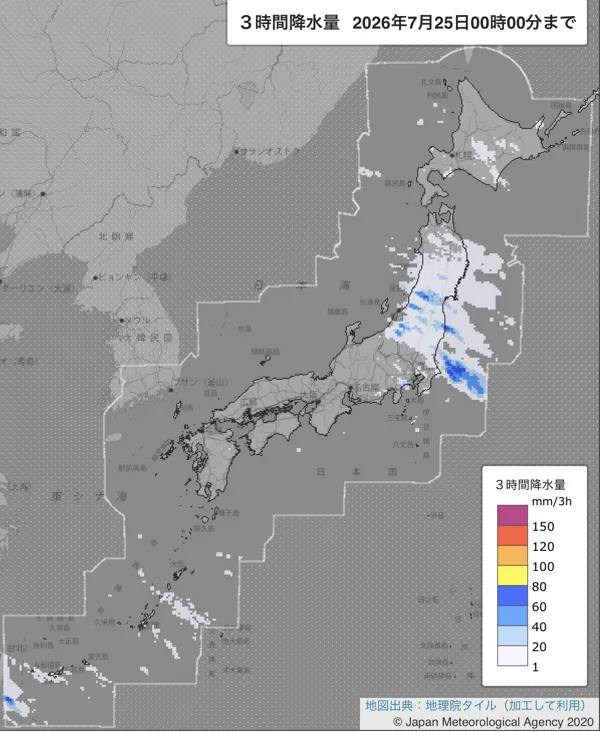 2026年7月24日21〜24時の日本周辺の3時間解析降水量