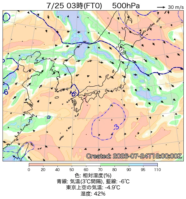 2026年7月25日の日本周辺の500hPa天気図（3時）
