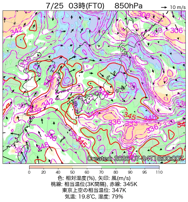 2026年7月25日の日本周辺の850hPa天気図（3時）