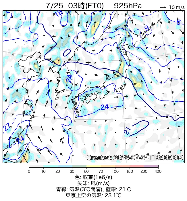 2026年7月25日の日本周辺の925hPa天気図（3時）