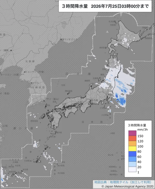 2026年7月25日0〜3時の日本周辺の3時間解析降水量