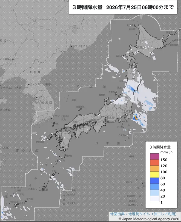 2026年7月25日3〜6時の日本周辺の3時間解析降水量