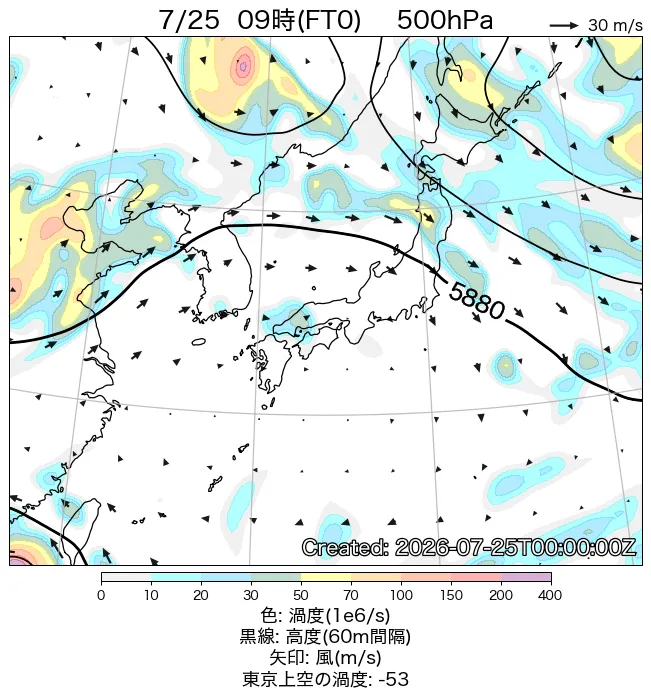 2026年7月25日の日本周辺の500hPa天気図（9時）