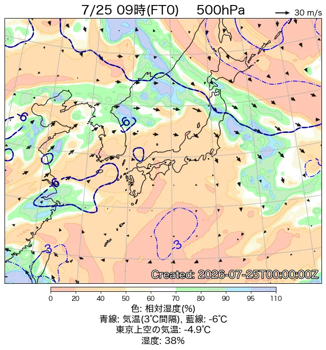 2026年7月25日の日本周辺の500hPa天気図（9時）