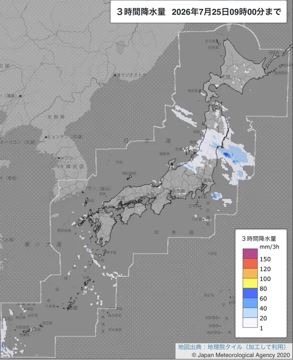 2026年7月25日6〜9時の日本周辺の3時間解析降水量