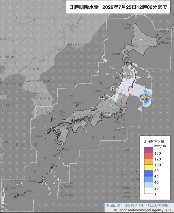 2026年7月25日9〜12時の日本周辺の3時間解析降水量