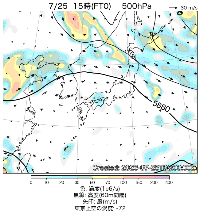 2026年7月25日の日本周辺の500hPa天気図（15時）