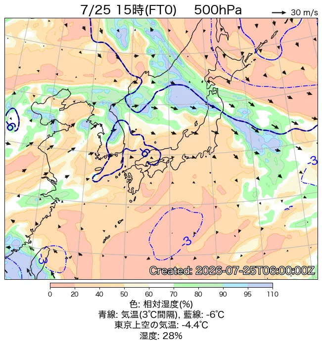 2026年7月25日の日本周辺の500hPa天気図（15時）