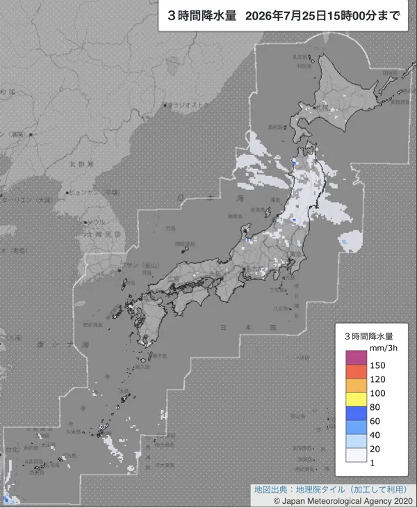 2026年7月25日12〜15時の日本周辺の3時間解析降水量