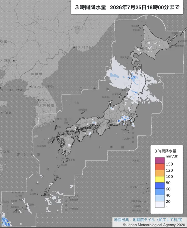 2026年7月25日15〜18時の日本周辺の3時間解析降水量