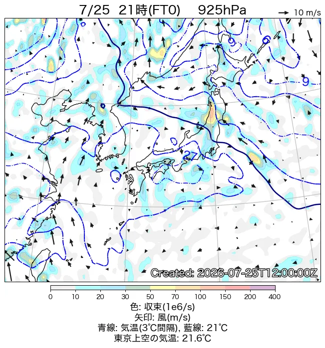 2026年7月25日の日本周辺の925hPa天気図（21時）