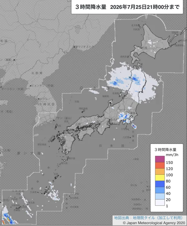 2026年7月25日18〜21時の日本周辺の3時間解析降水量