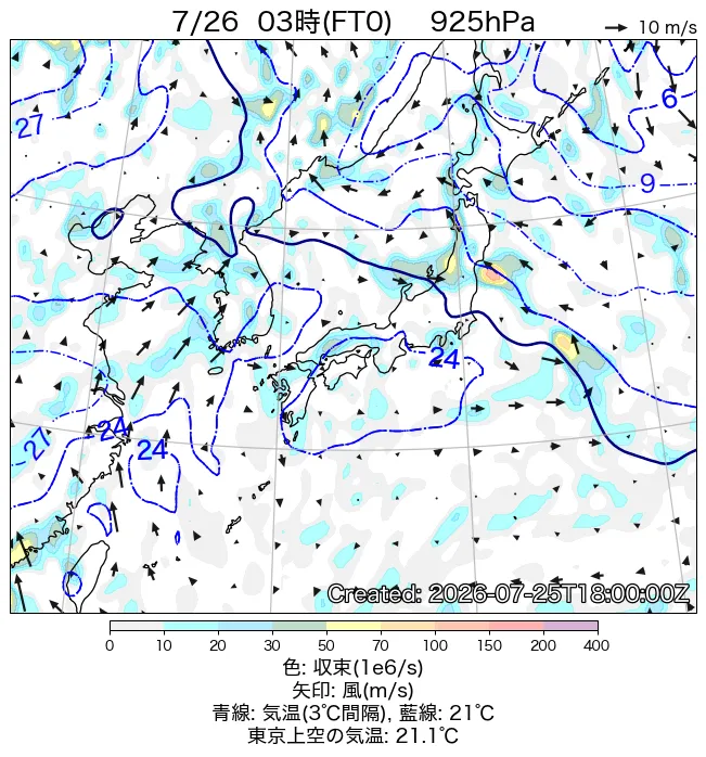 2026年7月26日の日本周辺の925hPa天気図（3時）