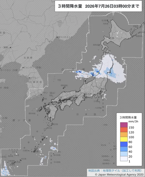 2026年7月26日0〜3時の日本周辺の3時間解析降水量