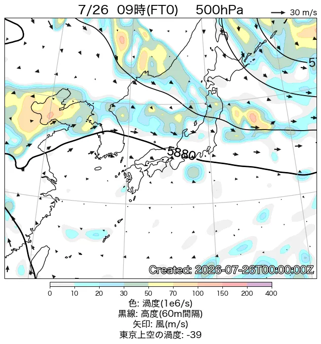 2026年7月26日の日本周辺の500hPa天気図（9時）