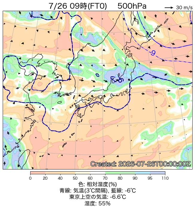 2026年7月26日の日本周辺の500hPa天気図（9時）