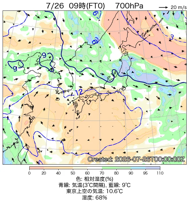 2026年7月26日の日本周辺の700hPa天気図（9時）