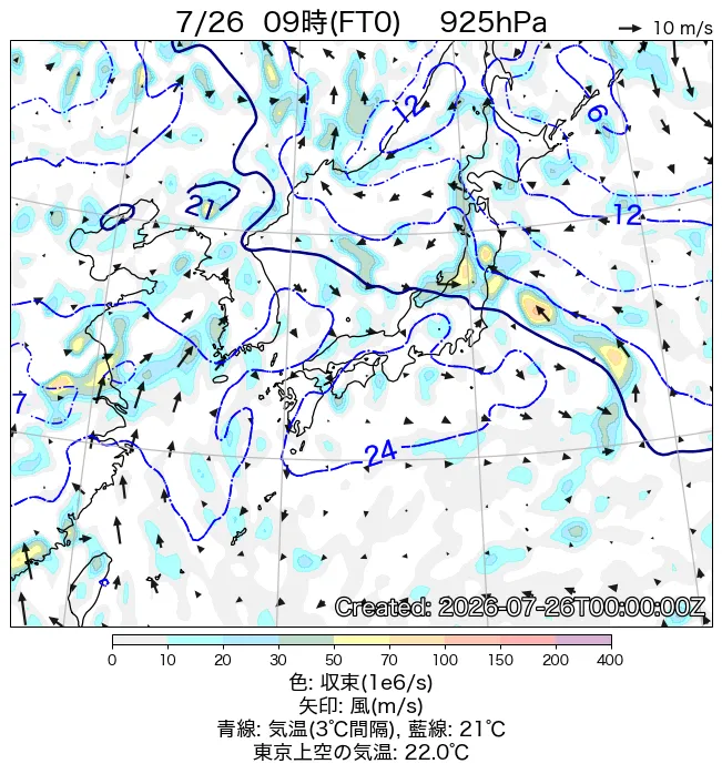 2026年7月26日の日本周辺の925hPa天気図（9時）
