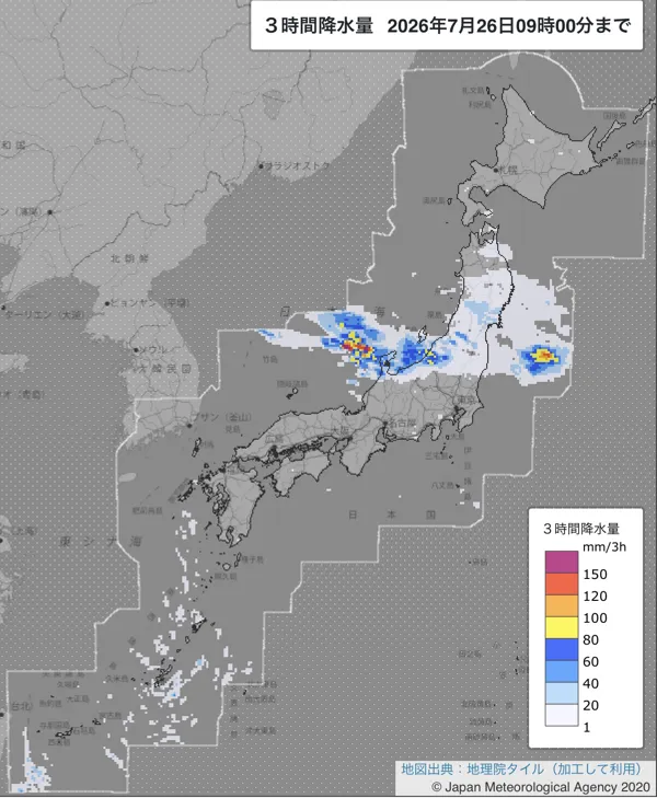 2026年7月26日6〜9時の日本周辺の3時間解析降水量
