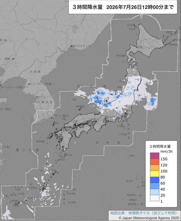 2026年7月26日9〜12時の日本周辺の3時間解析降水量