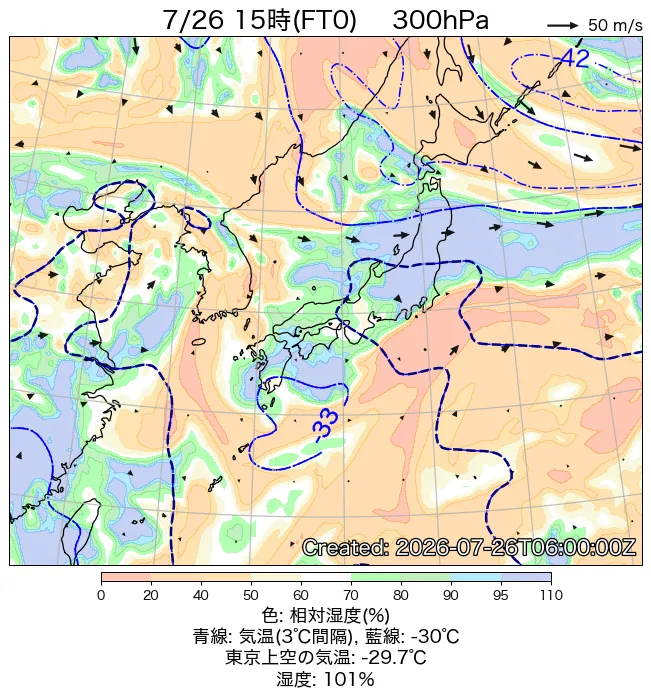 2026年7月26日の日本周辺の300hPa天気図（15時）