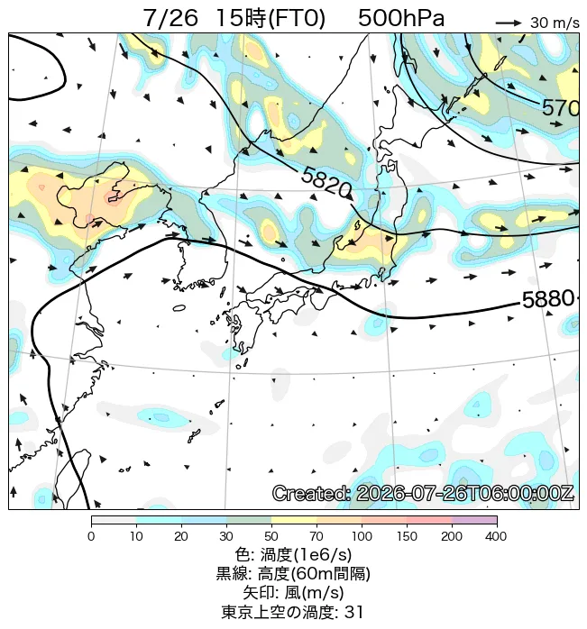 2026年7月26日の日本周辺の500hPa天気図（15時）