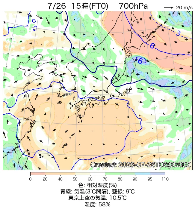 2026年7月26日の日本周辺の700hPa天気図（15時）