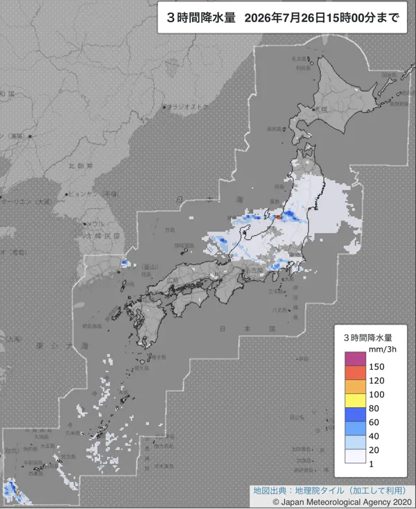 2026年7月26日12〜15時の日本周辺の3時間解析降水量