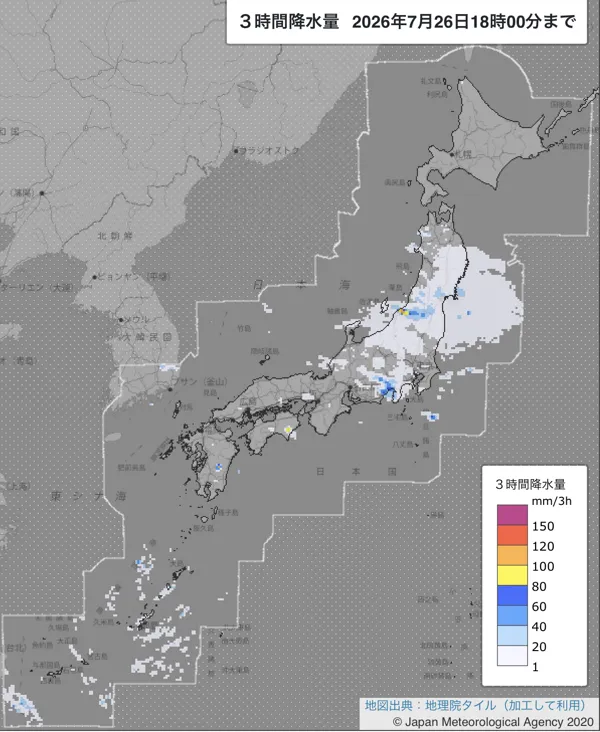 2026年7月26日15〜18時の日本周辺の3時間解析降水量