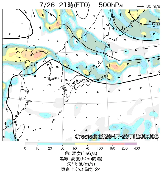 2026年7月26日の日本周辺の500hPa天気図（21時）