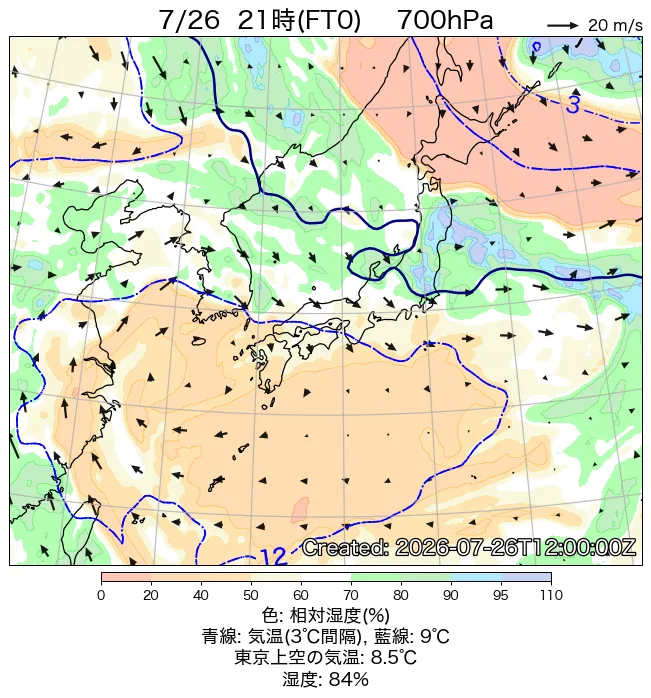 2026年7月26日の日本周辺の700hPa天気図（21時）