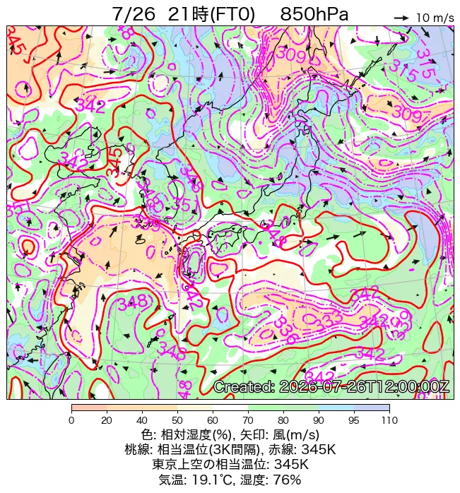 2026年7月26日の日本周辺の850hPa天気図（21時）