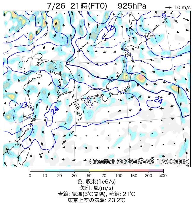 2026年7月26日の日本周辺の925hPa天気図（21時）