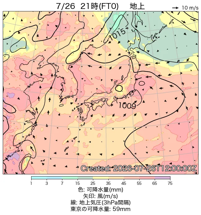2026年7月26日の日本周辺の地上天気図（21時）