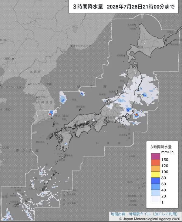 2026年7月26日18〜21時の日本周辺の3時間解析降水量