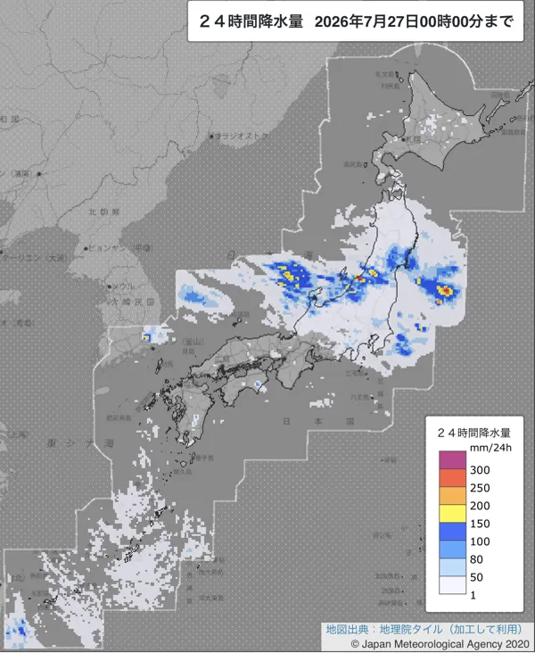 2026年7月26日の日本周辺の日解析雨量の図