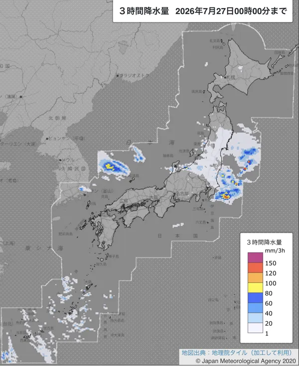 2026年7月26日21〜24時の日本周辺の3時間解析降水量