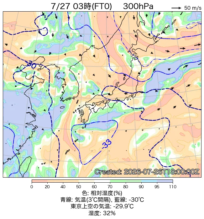 2026年7月27日の日本周辺の300hPa天気図（3時）