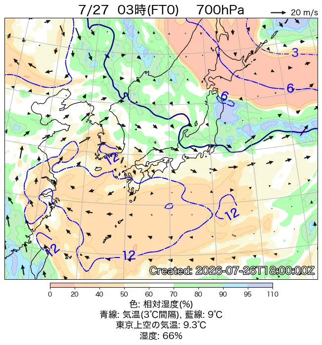 2026年7月27日の日本周辺の700hPa天気図（3時）