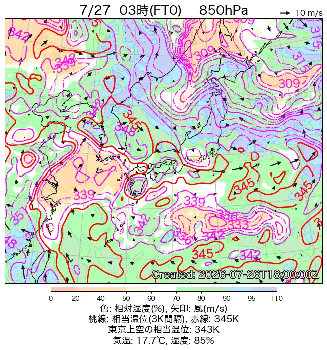 2026年7月27日の日本周辺の850hPa天気図（3時）